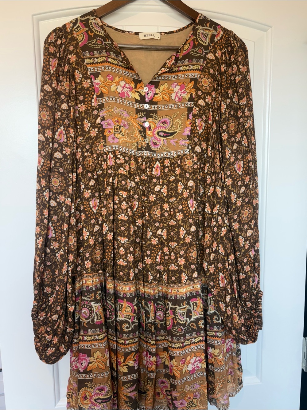 Spell Madame Peacock Boho Mini Dress Coffee Brown M
